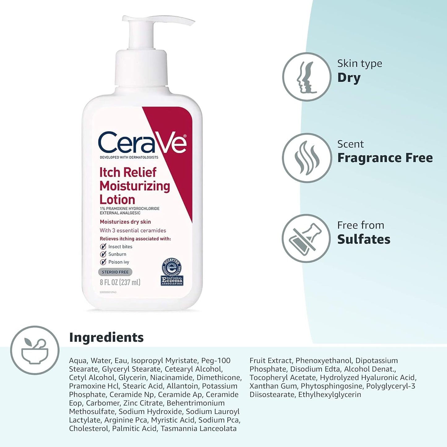 CeraVe Anti-Itch Lotion as a Steroid Free Hydrocortisone Alternative, Dermatologist Tested Sensitive Skin Relief 8 oz