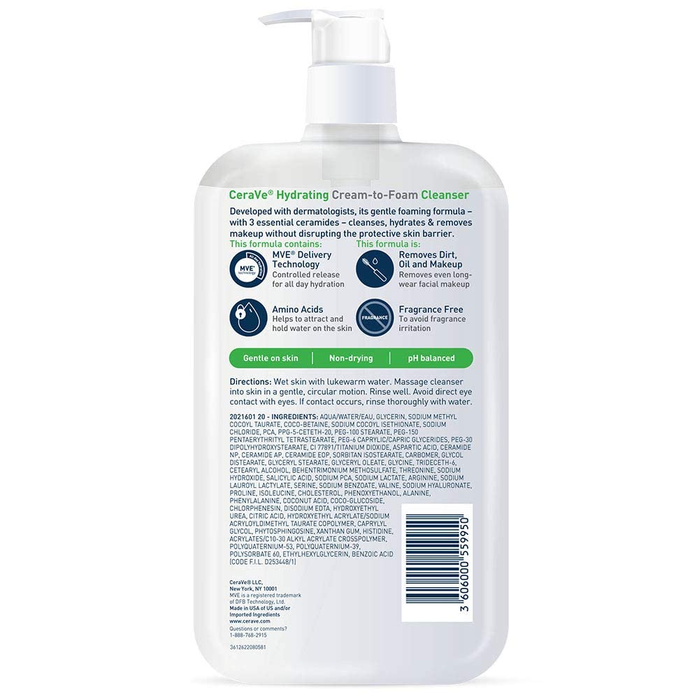 CeraVe Hydrating Cream To Foam Cleanser – Family-Safe Fragrance-Free Wash for Shared Bathroom Counters