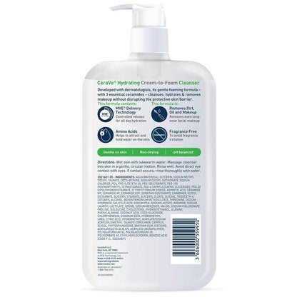 CeraVe Hydrating Cream To Foam Cleanser – Family-Safe Fragrance-Free Wash for Shared Bathroom Counters