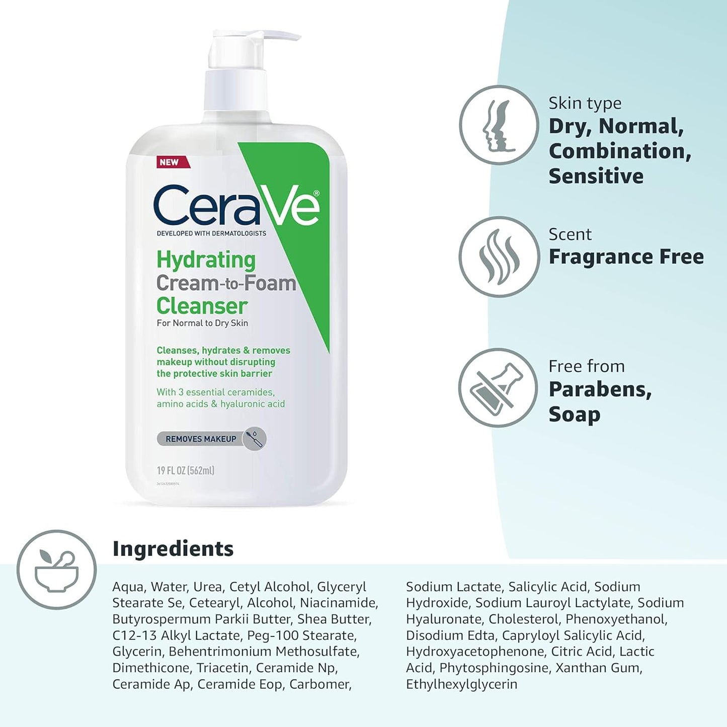 CeraVe Hydrating Cream To Foam Cleanser – Family-Safe Fragrance-Free Wash for Shared Bathroom Counters