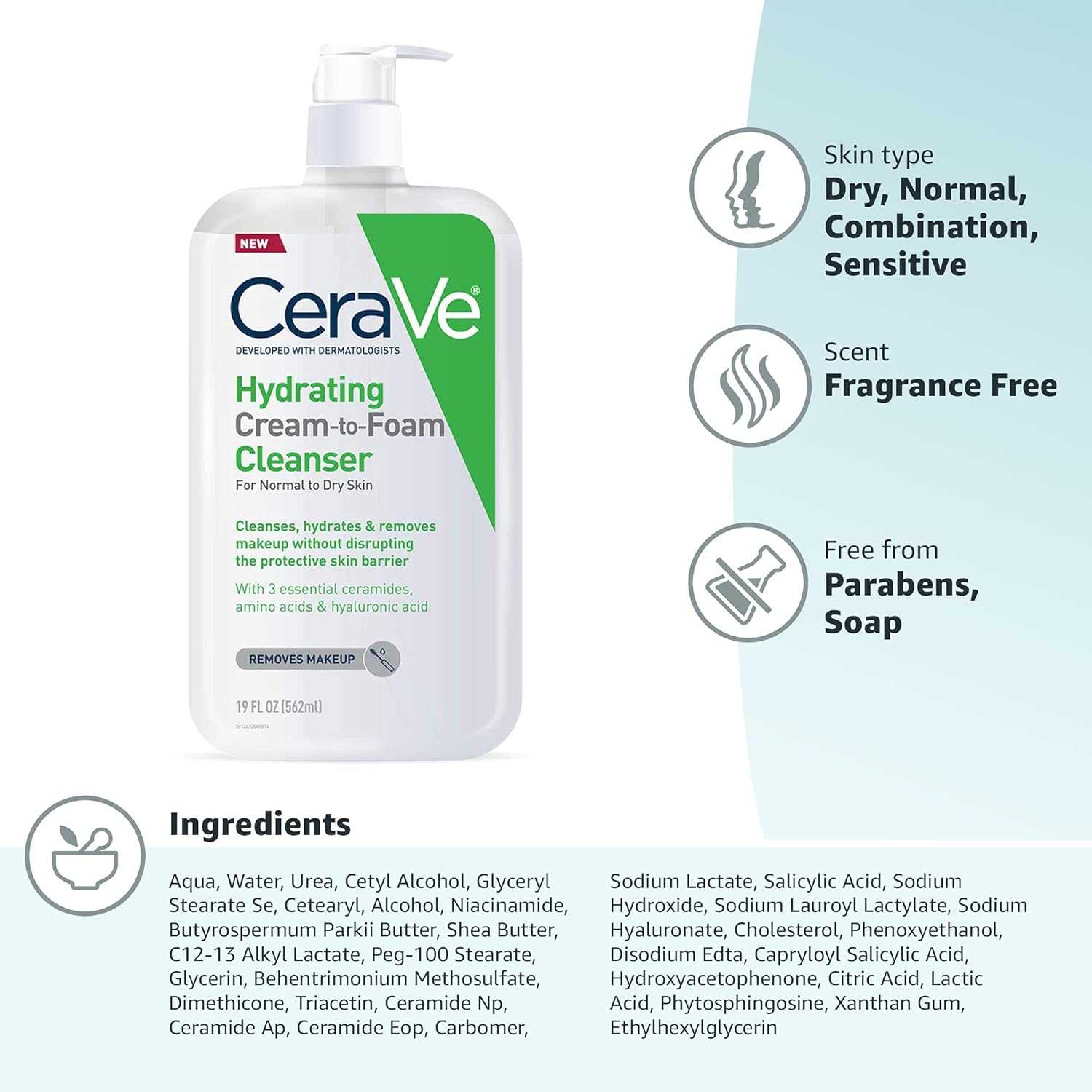 CeraVe Hydrating Cream To Foam Cleanser – Family-Safe Fragrance-Free Wash for Shared Bathroom Counters