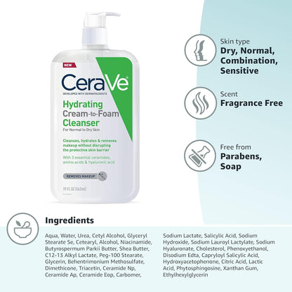 CeraVe Hydrating Cream To Foam Cleanser – Family-Safe Fragrance-Free Wash for Shared Bathroom Counters