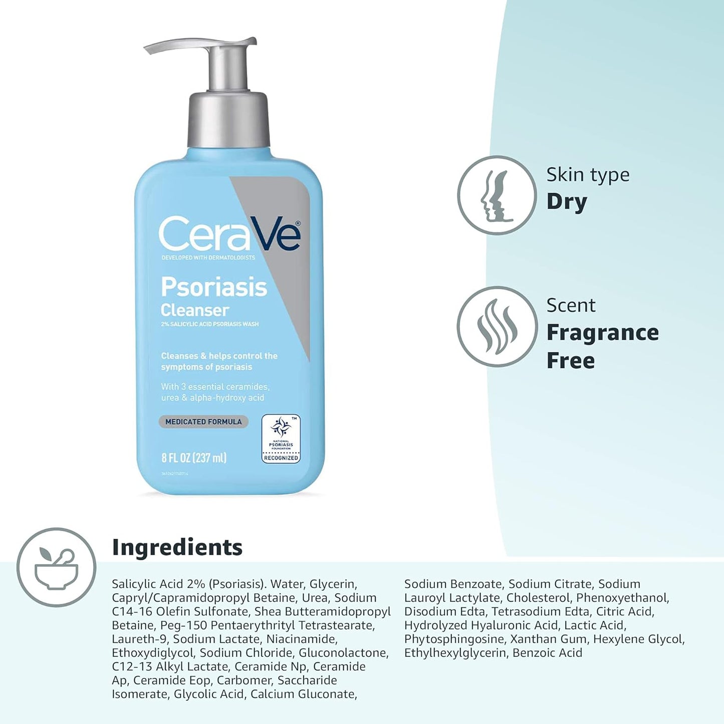 CeraVe Psoriasis Cleanser with Salicylic Acid – Gentle Family-Shelf Body Wash for Parents Managing Teen and Adult Sensitive Skin