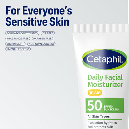 Cetaphil Daily Facial Moisturizer SPF 50 – Streamlined 3-in-1 Skincare for a Clutter-Free Vanity, Fragrance-Free