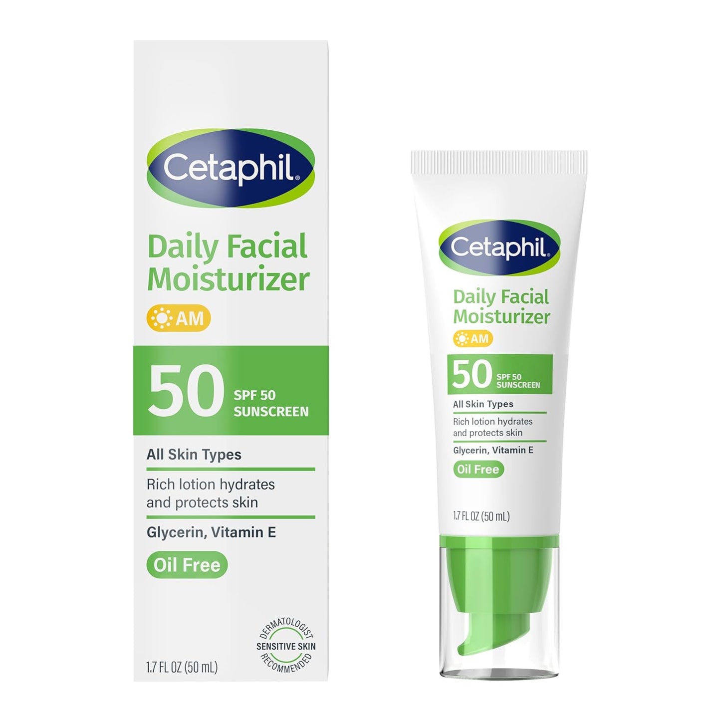 Cetaphil Daily Facial Moisturizer SPF 50 – Streamlined 3-in-1 Skincare for a Clutter-Free Vanity, Fragrance-Free