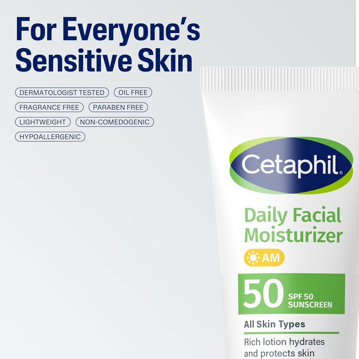 Cetaphil Daily Facial Moisturizer SPF 50 – Travel-Ready Sun Protection for Hiking and Beach Days, Non-Greasy Finish