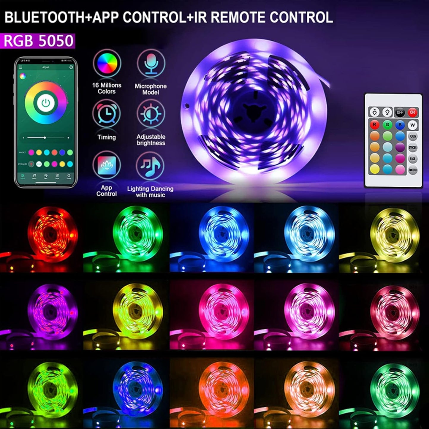 CHARKEE Color Changing LED Strip Lights USB-Powered, Cuttable RGB Light Strips for Apartment Dorm and Cozy Home Ambiance, Bluetooth App + IR Remote Dimmable