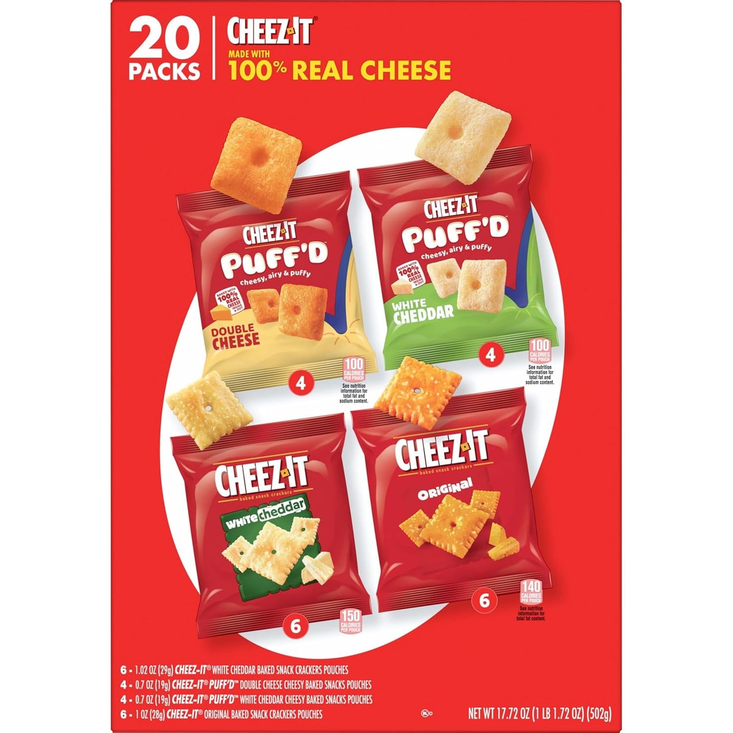 Cheez-It Cheese Crackers, Baked Snack Crackers, Lunchbox Snack for Kids' School Meals, 17.72oz Box (20 Pouches)