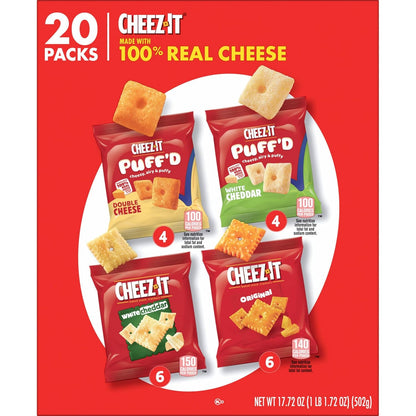 Cheez-It Cheese Crackers, Baked Snack Crackers, Lunchbox Snack for Kids' School Meals, 17.72oz Box (20 Pouches)