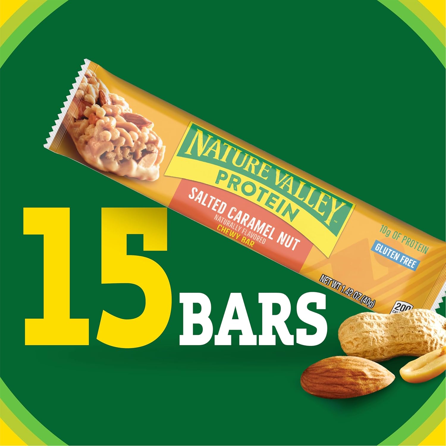 chewy bar texture with roasted peanuts and almonds for a salty-sweet flavor profile