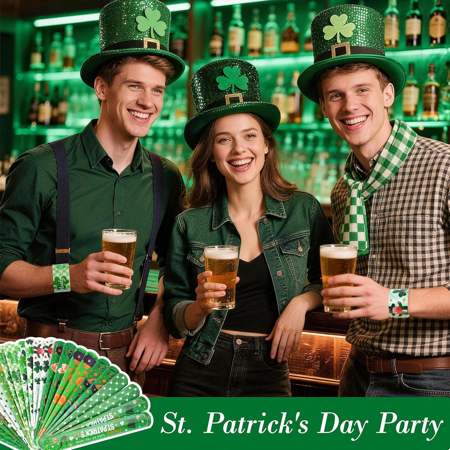 Childom St. Patrick's Day Slap Bracelet 36 Pack – Decorative Holiday Accessory for Themed Dining Table Setup