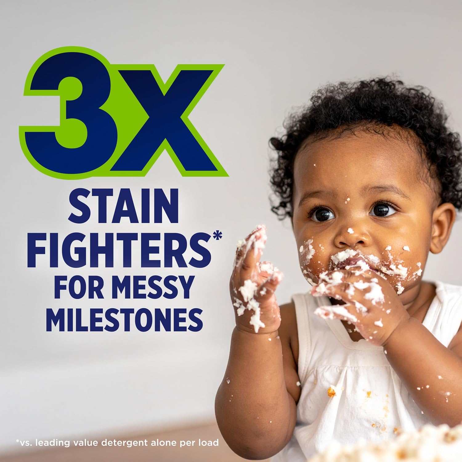 claims 3x stain fighters vs. leading value detergent alone per load