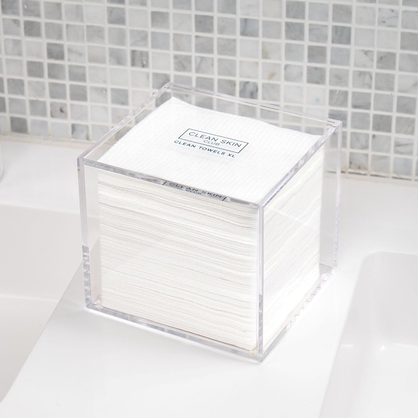CLEAN SKIN CLUB Acrylic Face Towel Holder – Thoughtful Birthday Gift for Her, Bathroom Storage for 50 XL Disposable Cleansing Towels
