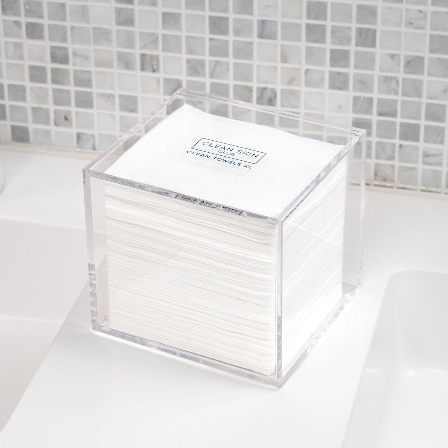 CLEAN SKIN CLUB Acrylic Face Towel Holder – Thoughtful Birthday Gift for Her, Bathroom Storage for 50 XL Disposable Cleansing Towels