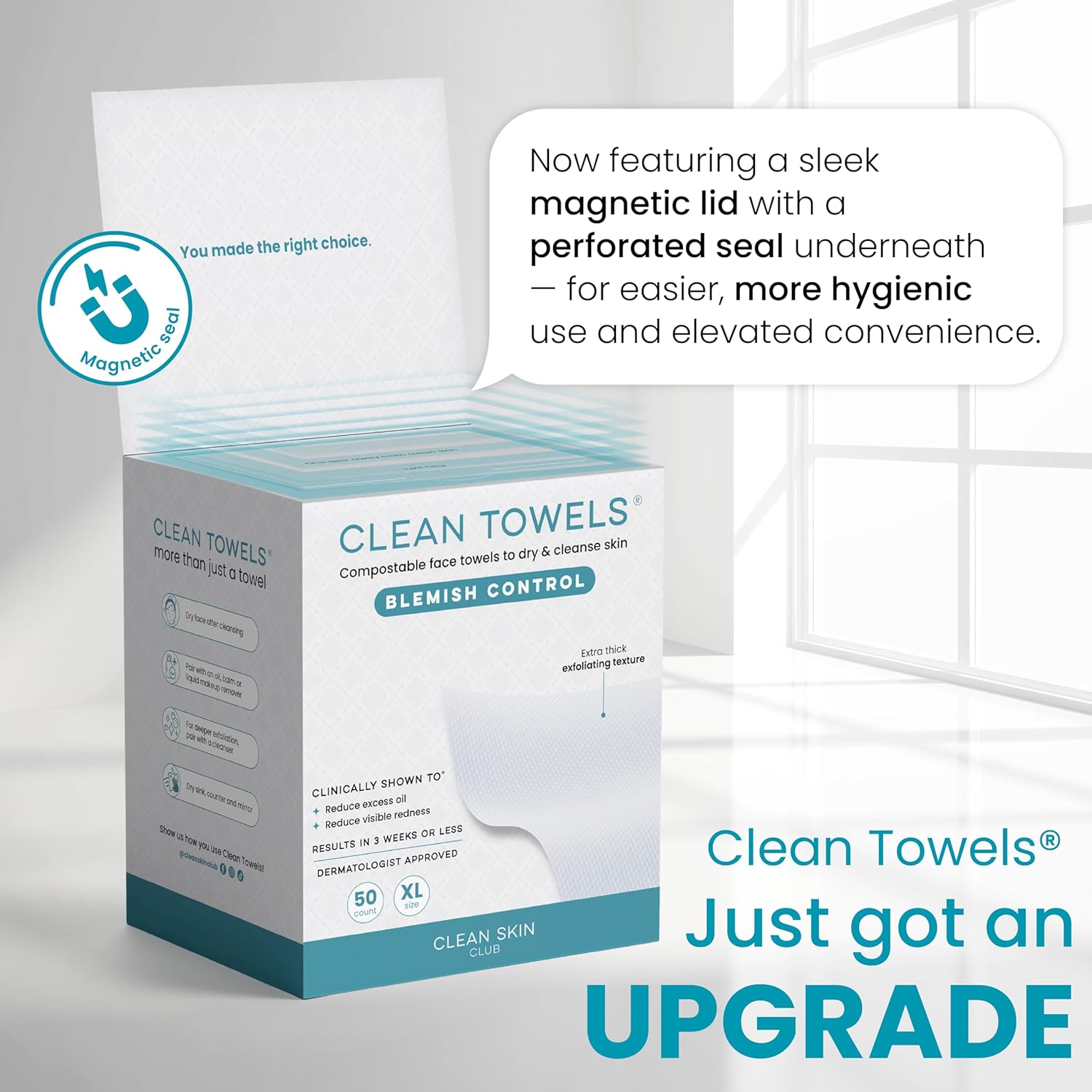 CLEAN SKIN CLUB Blemish Control Clean Towels XL – Disposable Exfoliating Facial Wipes for a Mindful Wind-Down Routine, Spa-Like Self Care for Oily Skin, 50 Count