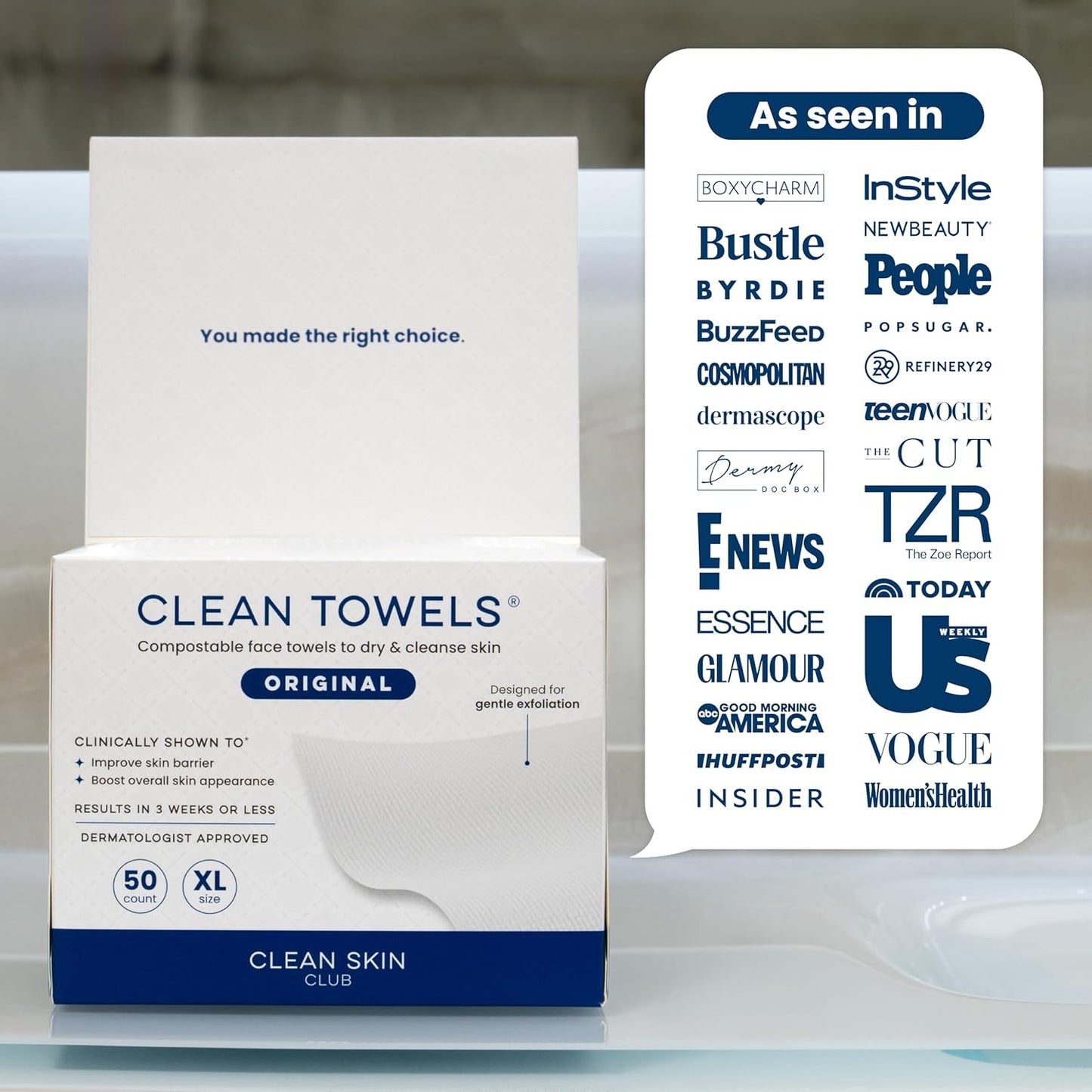 Clean Skin Club Clean Towels XL® – Mindful Evening Skincare Ritual, Disposable Face Towelette for Sensitive Skin