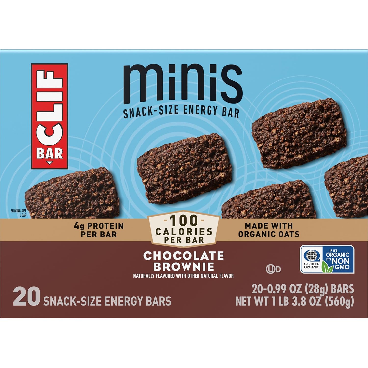 CLIF BAR Minis Chocolate Brownie – Portable Snack-Size Energy Bars for Hiking Trails and Camping, 0.99 oz Resealable 20-Pack