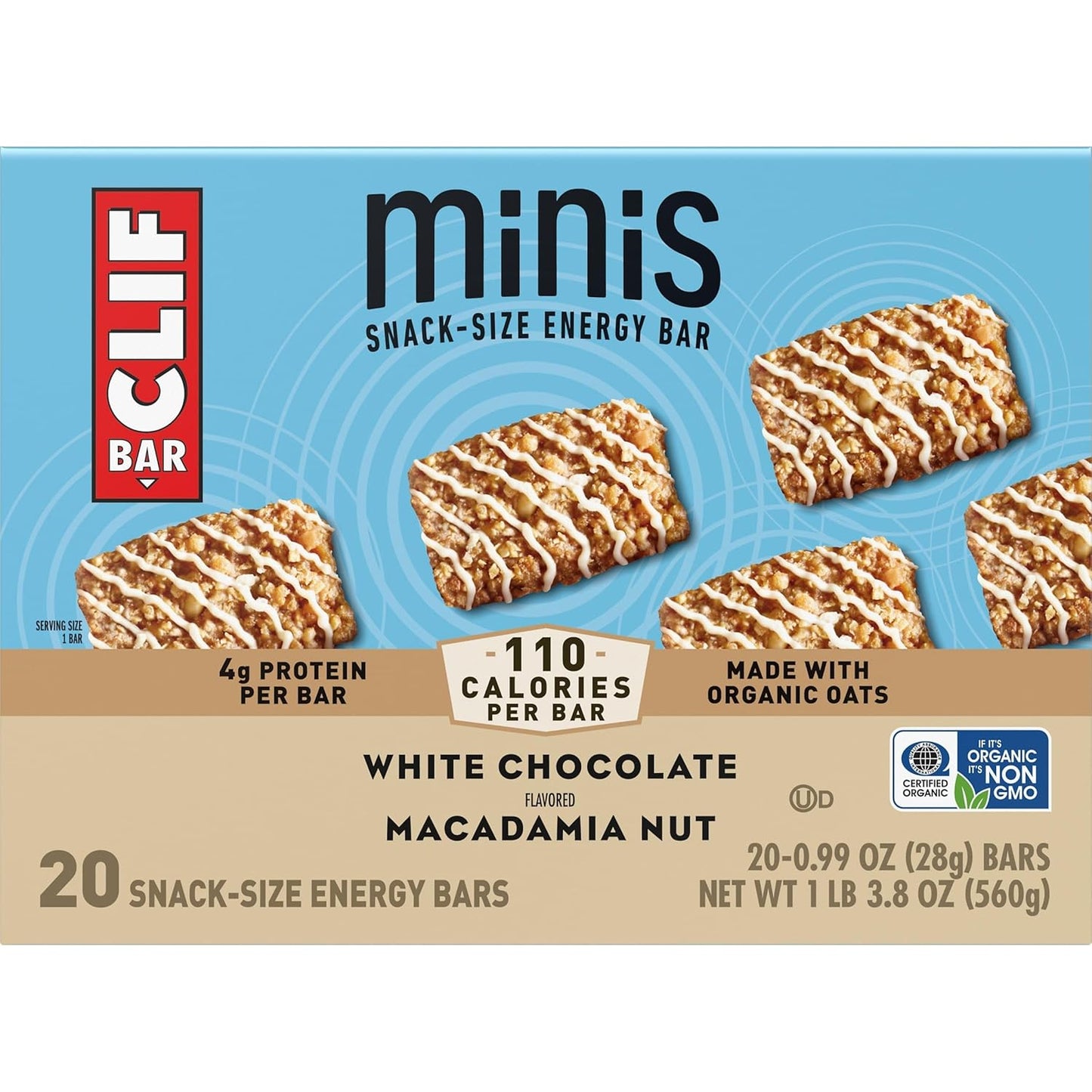 CLIF BAR Minis White Chocolate Macadamia Nut Snack Bars for Home Office Focus and Study Sessions