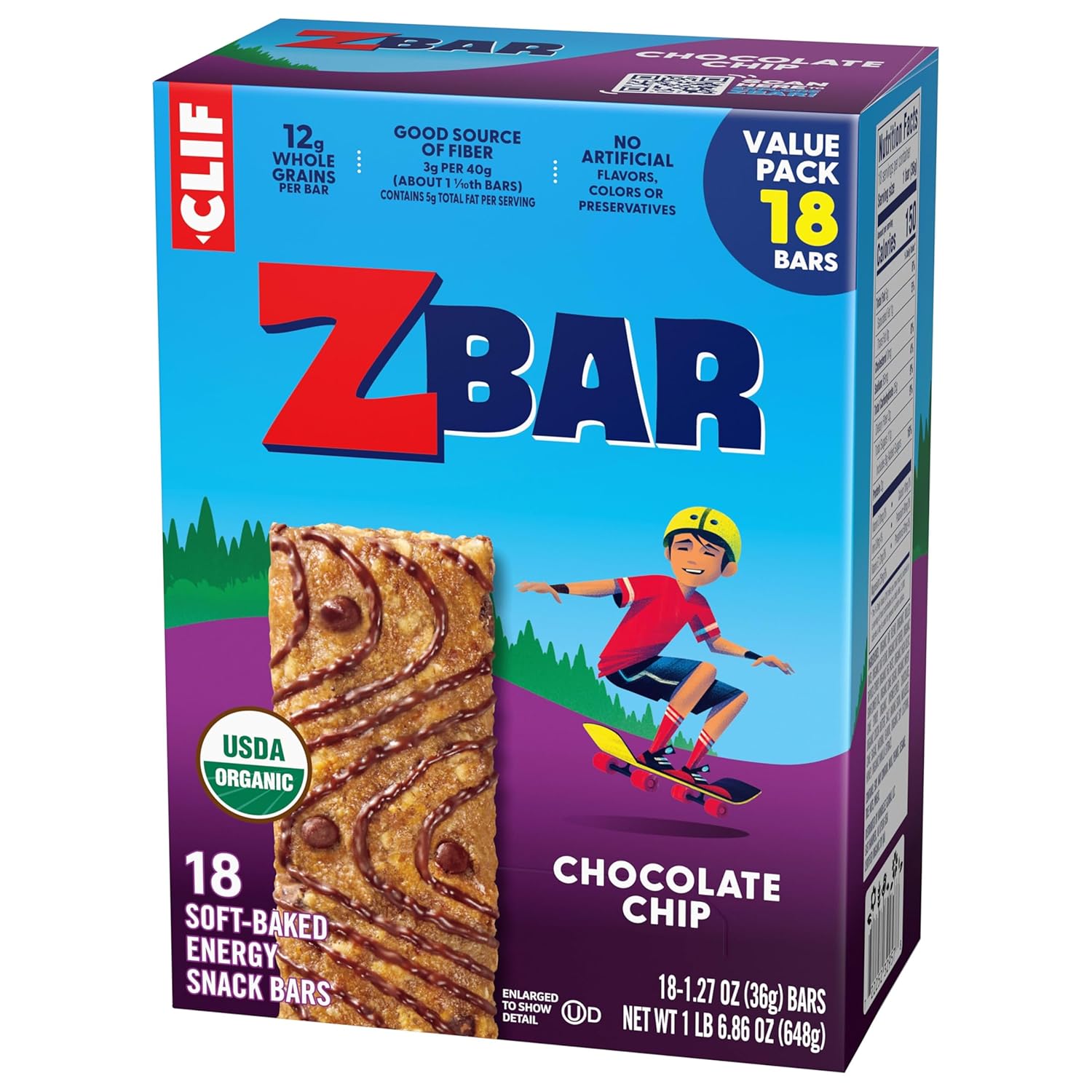Clif Kid Zbar Chocolate Chip Soft-Baked Bars – USDA Organic Whole Grain Snack for Clean-Eating Families (18 Pack)