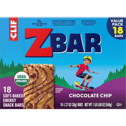Clif Kid Zbar Chocolate Chip Soft-Baked Bars – USDA Organic Whole Grain Snack for Clean-Eating Families (18 Pack)