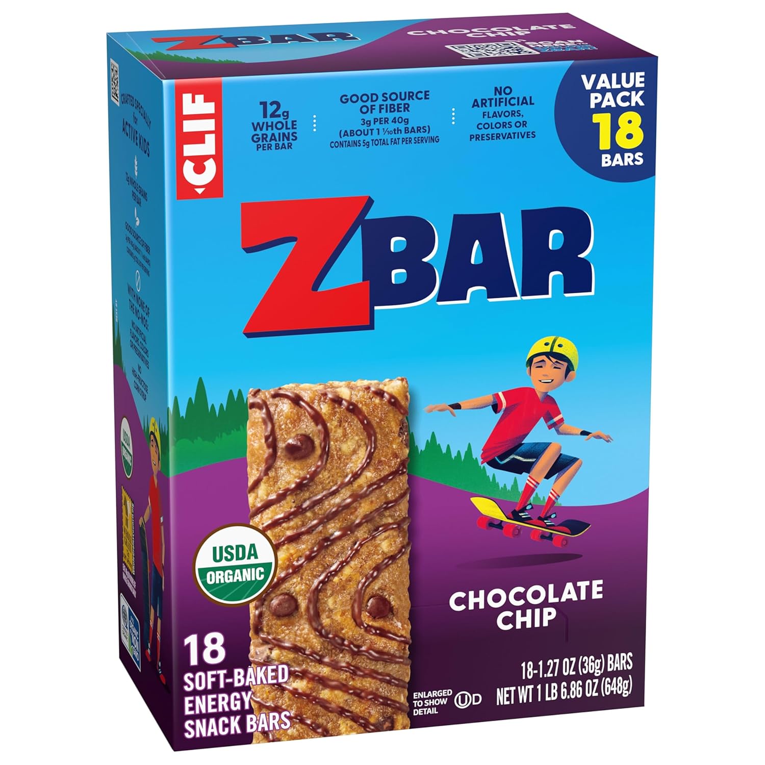 Clif Kid Zbar Chocolate Chip Soft-Baked Bars – USDA Organic Whole Grain Snack for Clean-Eating Families (18 Pack)