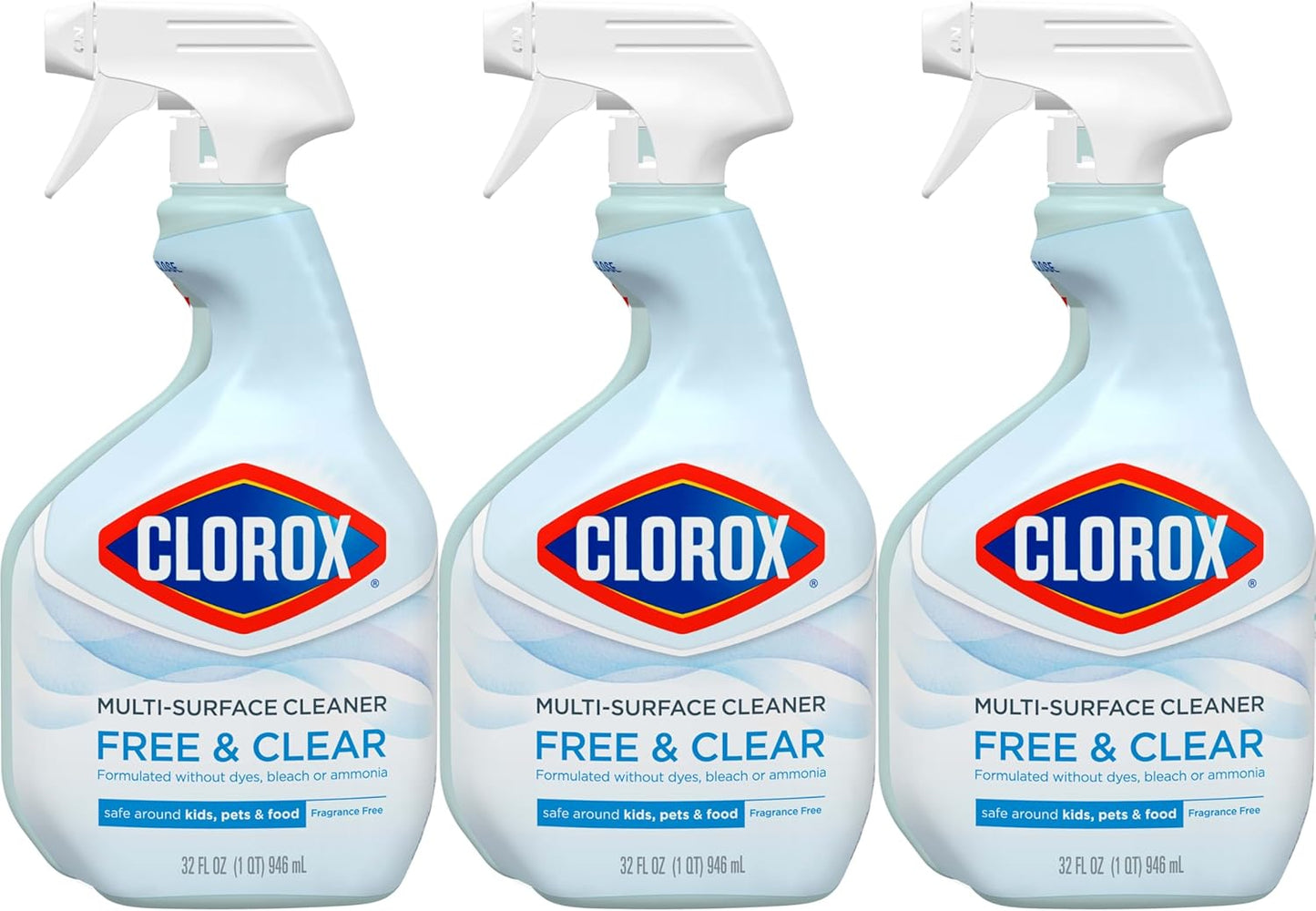 Clorox Free & Clear Multi-Surface Cleaner – Nursery and High Chair Safe Cleaning Spray, 32 oz, Pack of 3