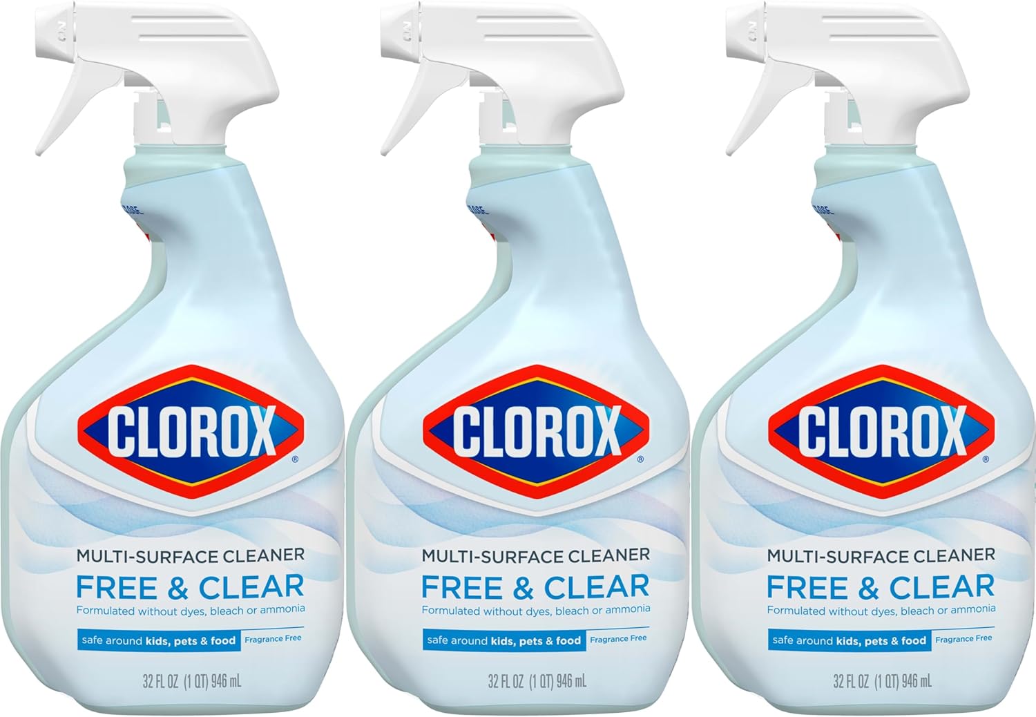 Clorox Free & Clear Multi-Surface Cleaner – Nursery and High Chair Safe Cleaning Spray, 32 oz, Pack of 3