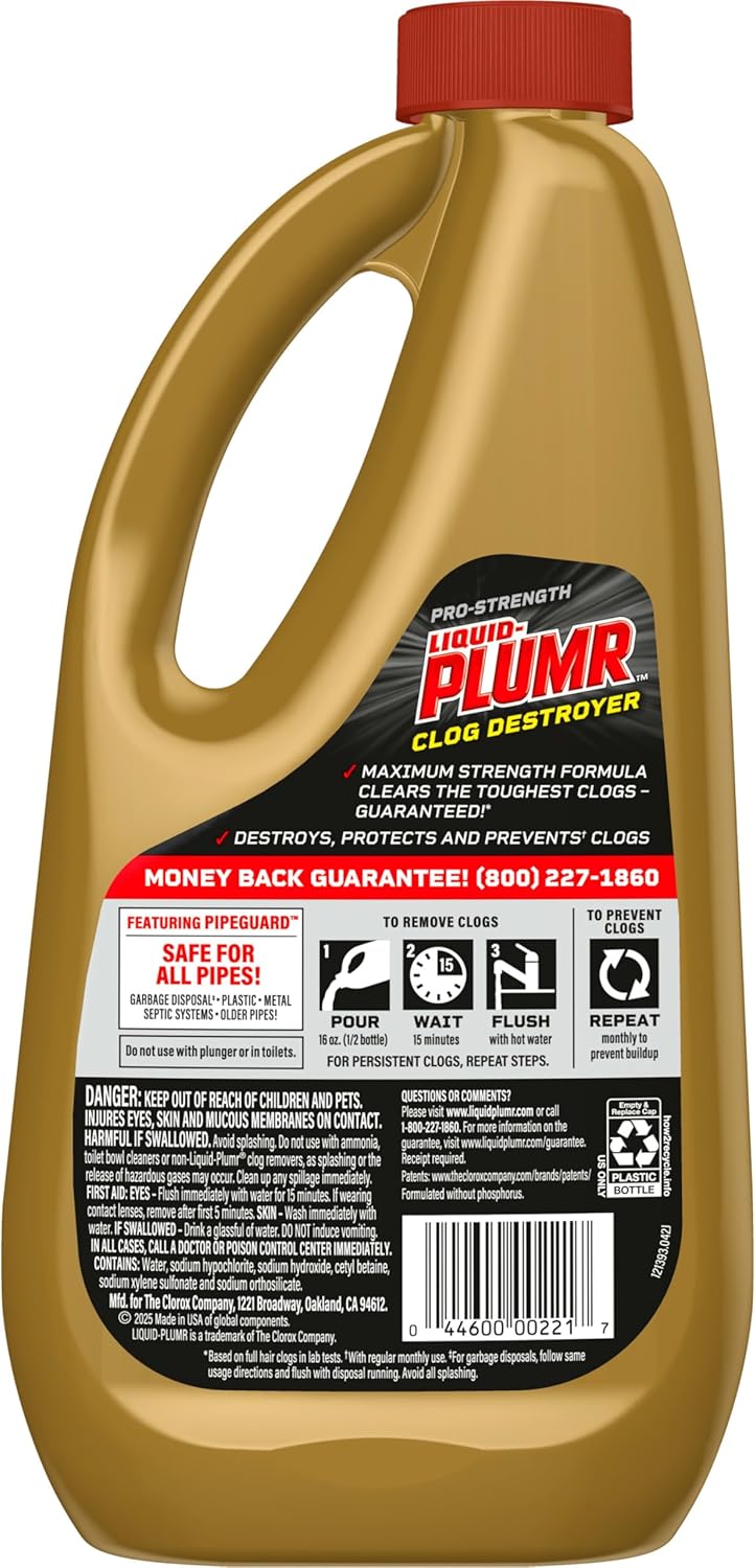 Clorox Liquid-Plumr Pro-Strength Clog Destroyer – Child-Safe Drain Cleaner for Homes with Kids and Pets, 32 fl oz