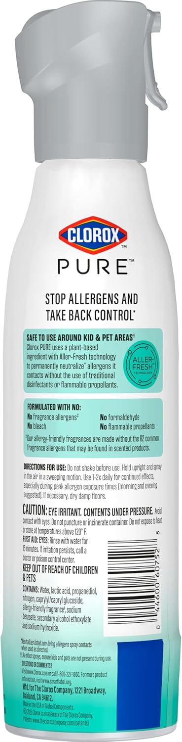 Clorox PURE Allergen Neutralizer Daily Air Spray – Flameless, Smoke-Free Bedroom Air Care for Safer Nights, 8 Ounces