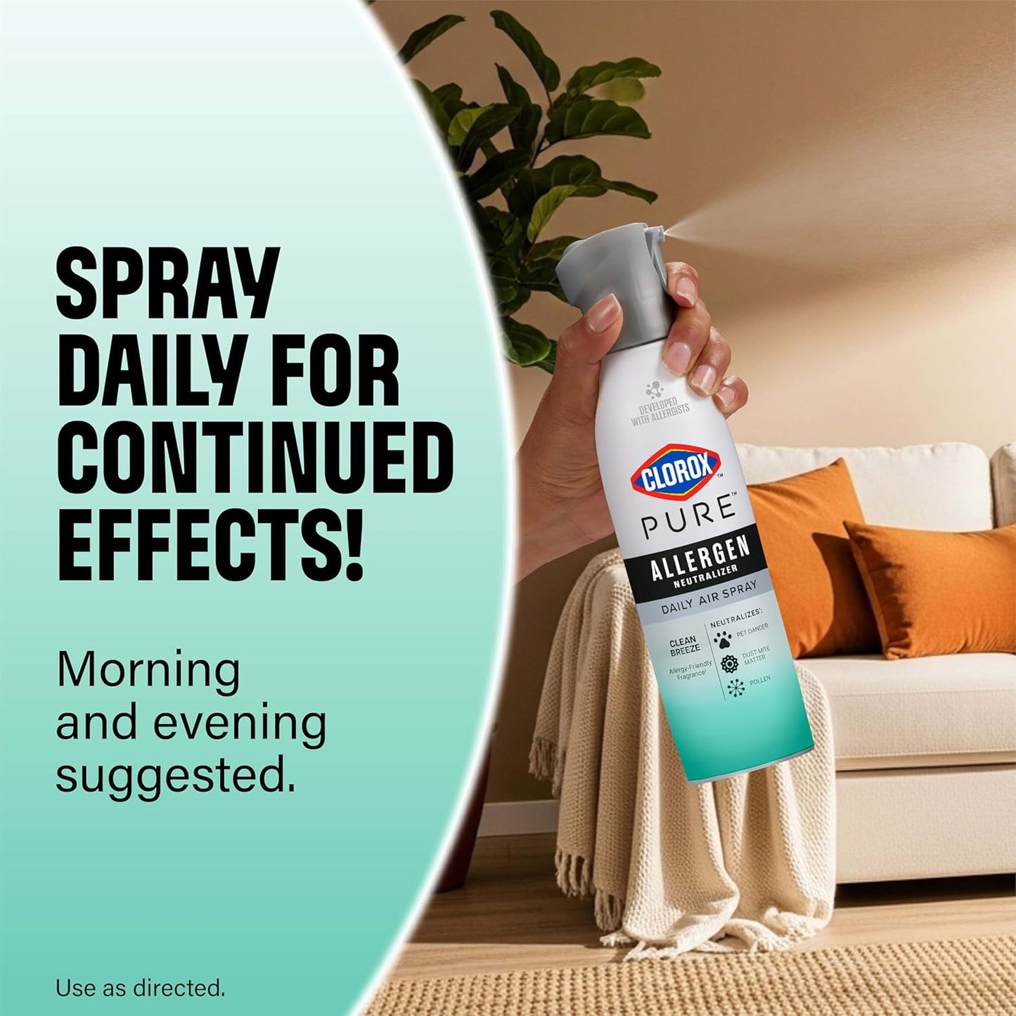 Clorox PURE Allergen Neutralizer Daily Air Spray – Flameless, Smoke-Free Bedroom Air Care for Safer Nights, 8 Ounces