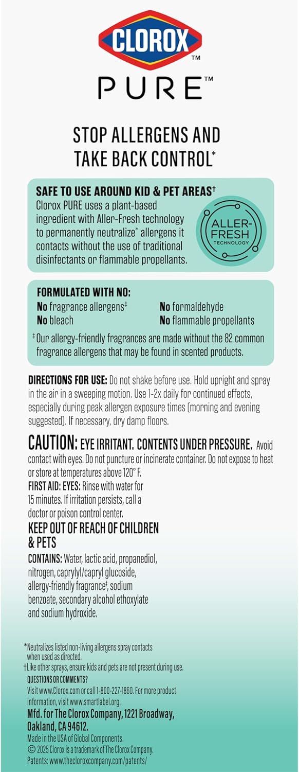 Clorox PURE Allergen Neutralizer Daily Air Spray – Flameless, Smoke-Free Bedroom Air Care for Safer Nights, 8 Ounces