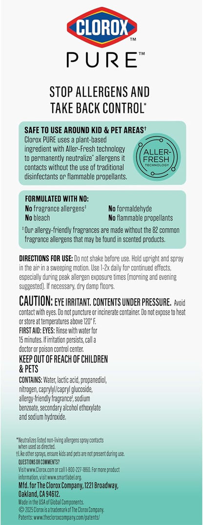 Clorox PURE Allergen Neutralizer Daily Air Spray – Flameless, Smoke-Free Bedroom Air Care for Safer Nights, 8 Ounces