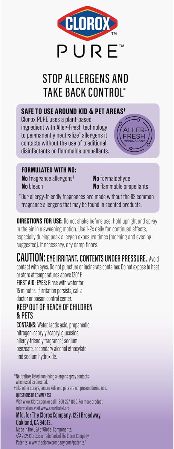 Clorox PURE Allergen Neutralizer Nighttime Calm – Flameless, Propellant-Free Mist for Safer Sleep and Shared Living Areas