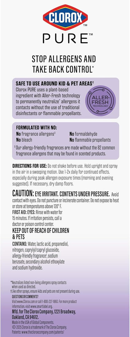 Clorox PURE Allergen Neutralizer Nighttime Calm – Flameless, Propellant-Free Mist for Safer Sleep and Shared Living Areas