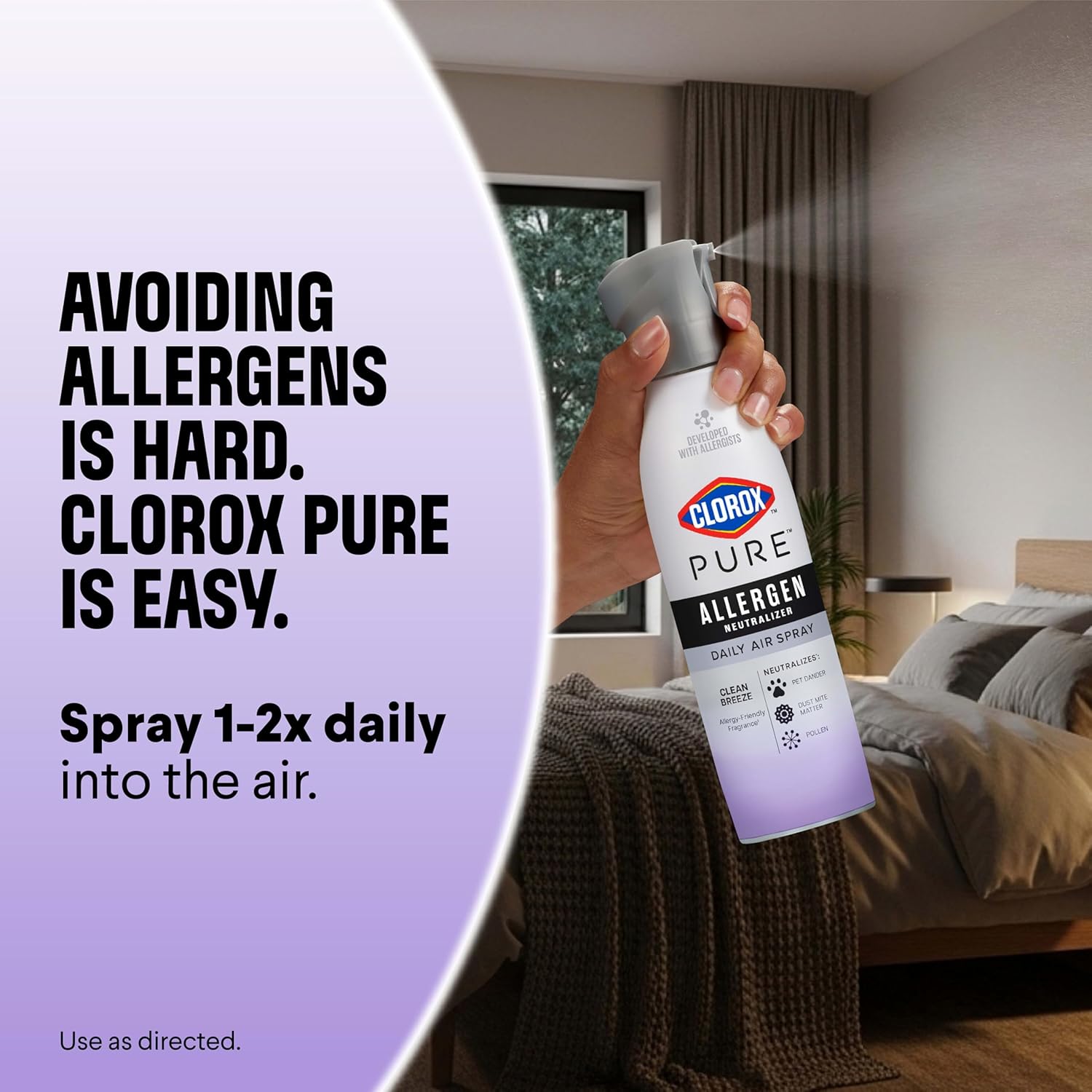 Clorox PURE Allergen Neutralizer Nighttime Calm – Flameless, Propellant-Free Mist for Safer Sleep and Shared Living Areas