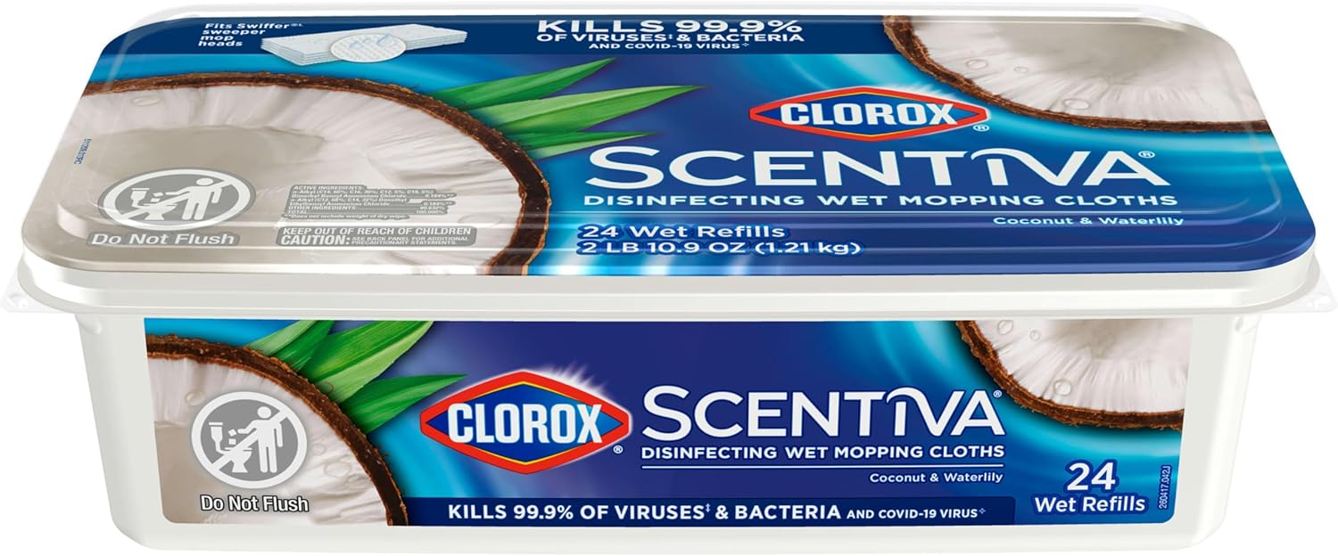 Clorox Scentiva Disinfecting Wet Mop Pads – Coconut & Waterlily Beach-House Aesthetic for Living Room Floors, Bleach-Free Disposable Refills