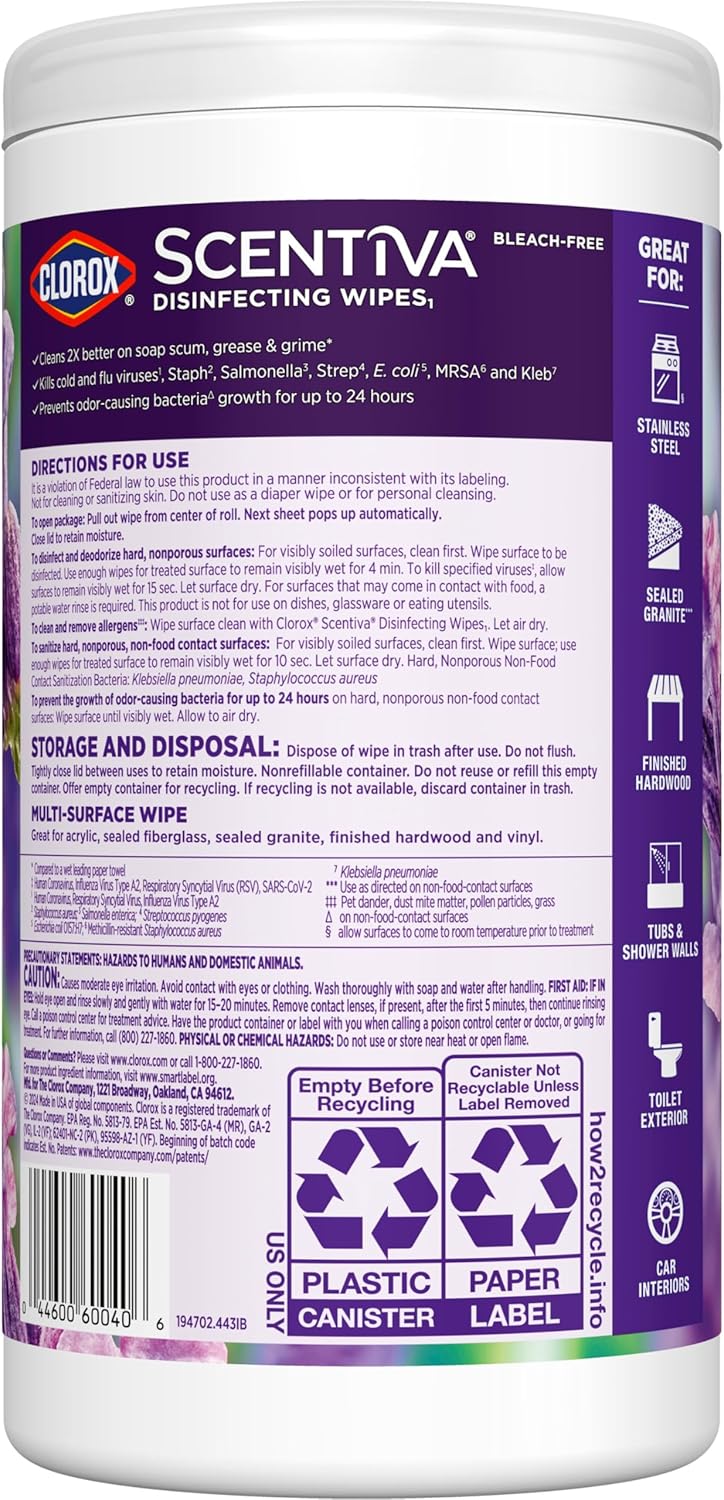 Clorox Scentiva Disinfecting Wipes – Long-Lasting Lavender Jasmine Fragrance for Stress Relief Spaces