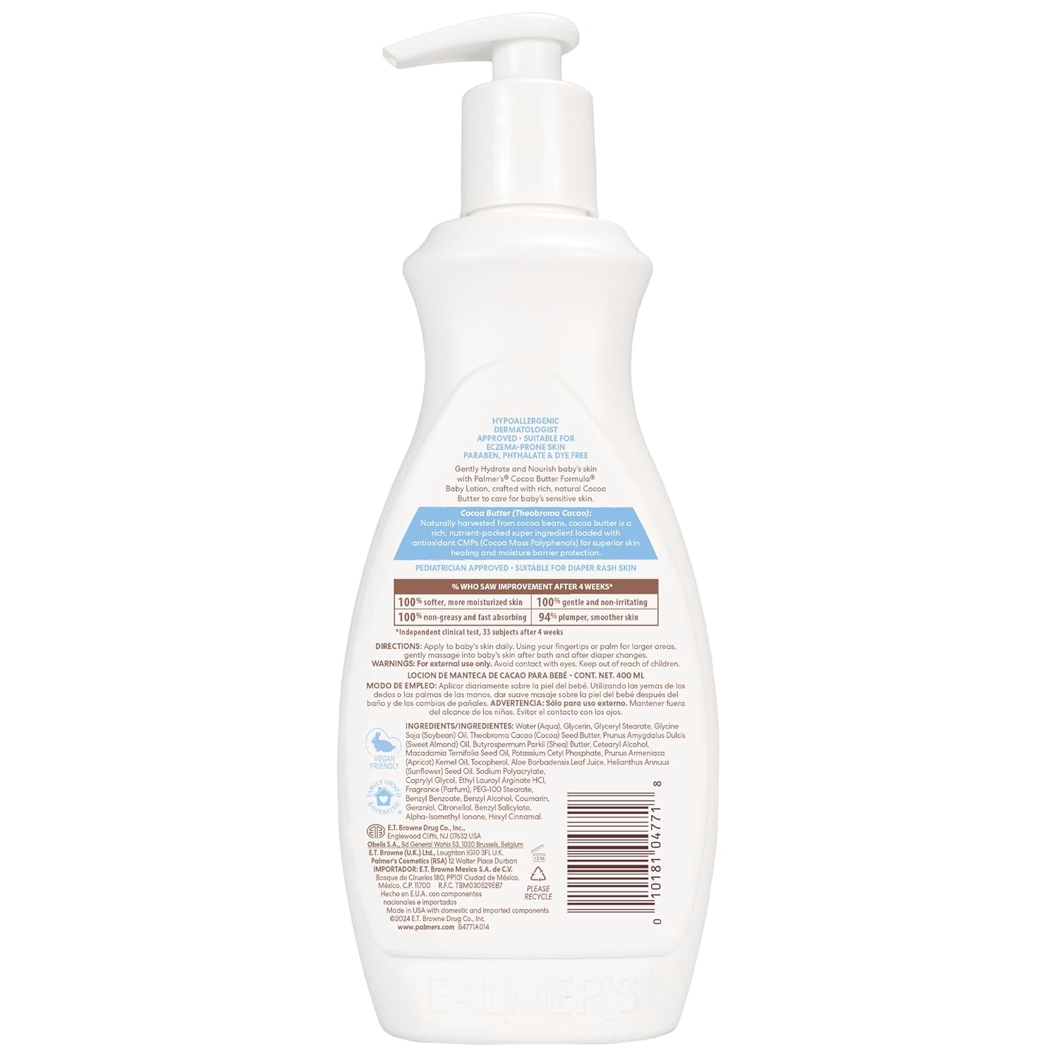 cocoa butter formula enriched with vitamin e, aloe, shea butter, apricot oil, and sweet almond oil