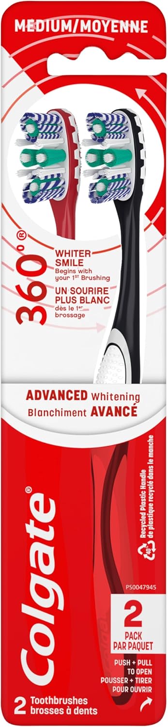 Colgate 360 Optic White Advanced Whitening Toothbrush – En-Suite Bathroom Wellness Upgrade for Stain Removal, 2 Pack