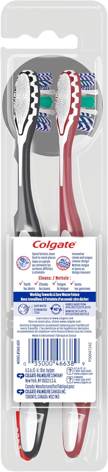 Colgate 360 Optic White Advanced Whitening Toothbrush – En-Suite Bathroom Wellness Upgrade for Stain Removal, 2 Pack