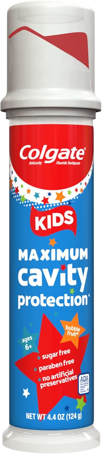 Colgate Kids Bubble Fruit Fluoride Toothpaste Pump Gift Set, 4.4 Oz 6 Pack ADA Accepted Cavity Care for Grandchildren