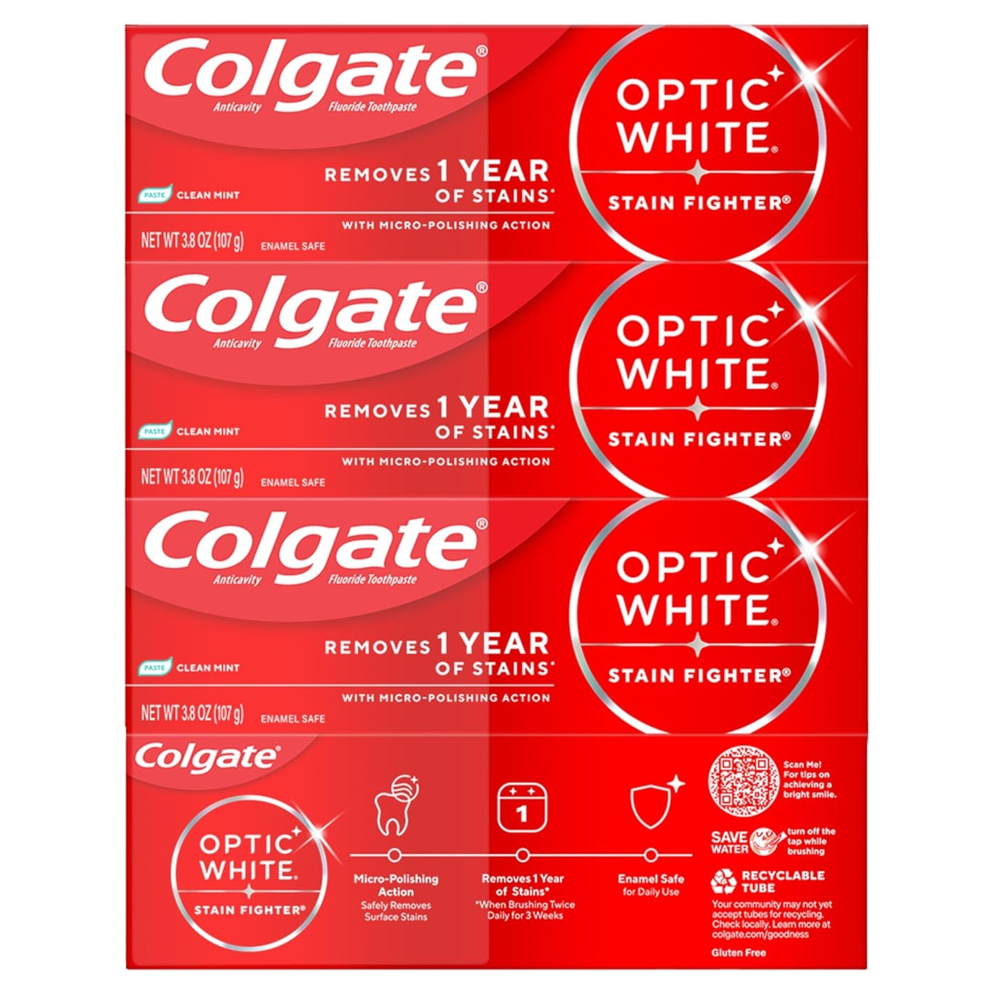 Colgate Optic White Stain Fighter Clean Mint Paste – Streamlined Whitening Toothpaste for Clutter-Free Bathroom Counters