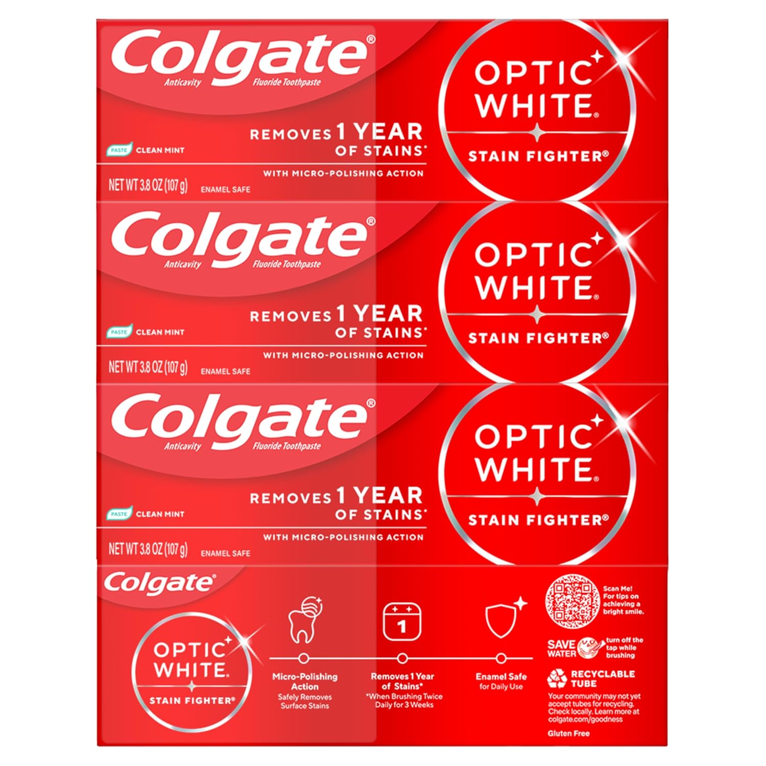 Colgate Optic White Stain Fighter Clean Mint Paste – Streamlined Whitening Toothpaste for Clutter-Free Bathroom Counters