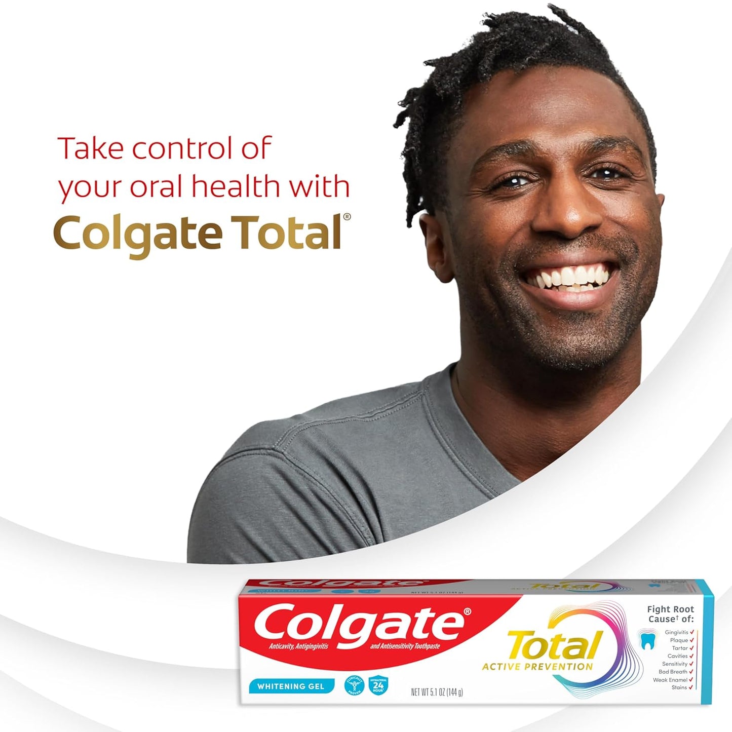 Colgate Total Active Prevention Whitening Gel Toothpaste – Sleek Bathroom Counter Essential in Cooling Mint Gel, 4 Pack 5.1 oz