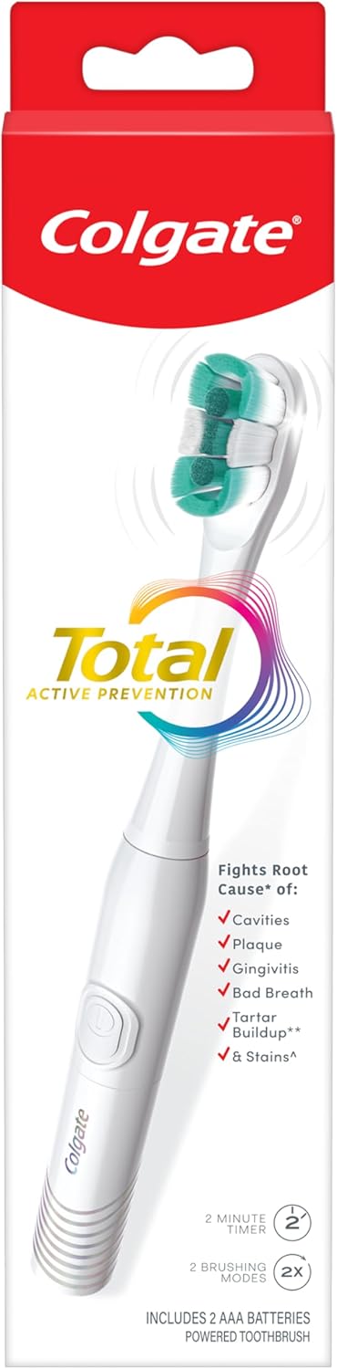 Colgate Total Battery Powered Electric Toothbrush – Clean White Design for Clutter-Free Bathrooms, No Bulky Charger to Store