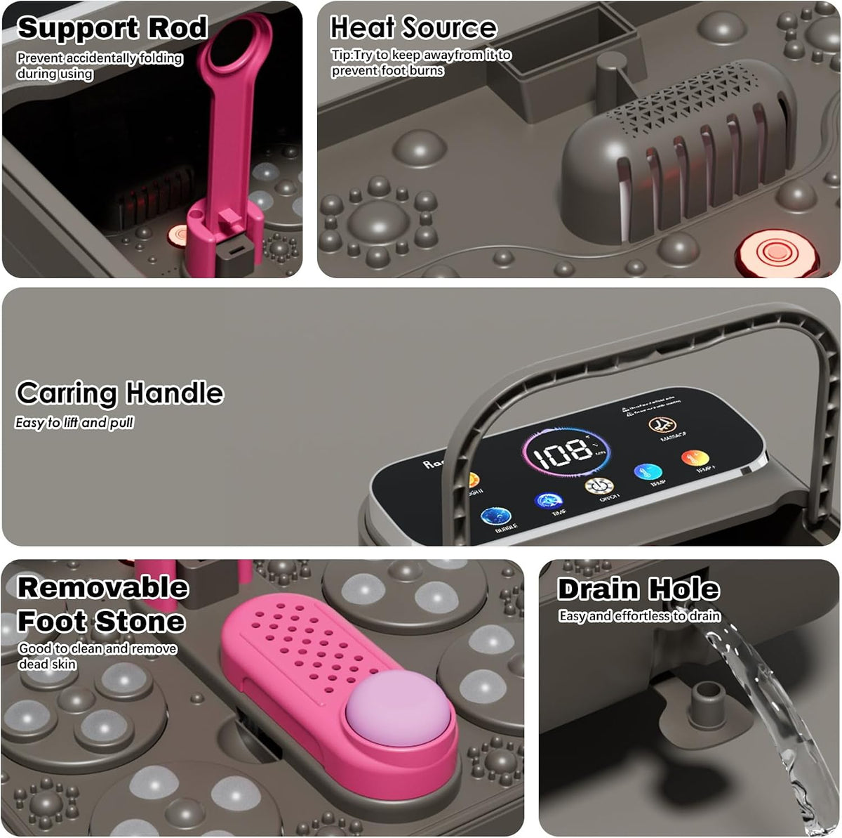 collapsible foldable design that compresses to 5.5 inches thick, with support rod and integrated drain hole