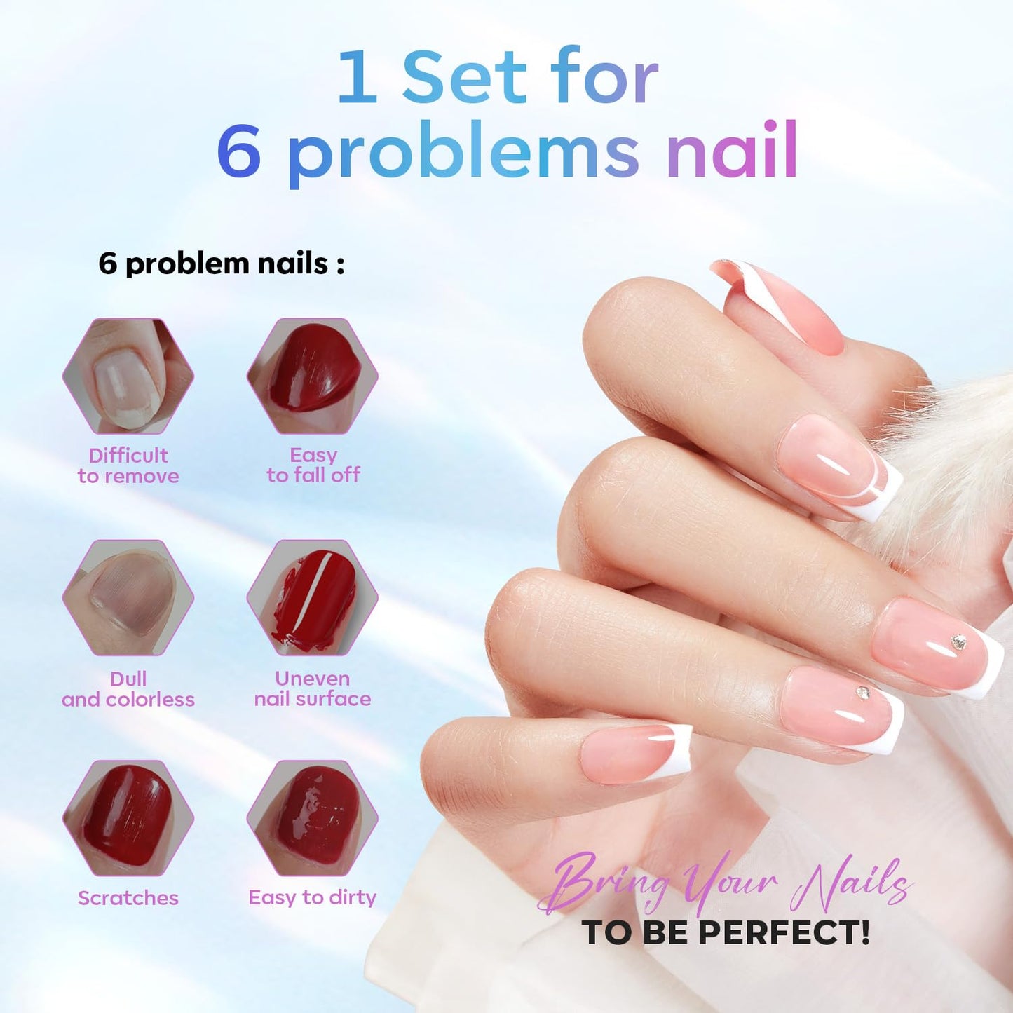 color and finish variety across rubber bases (clear, milky white, pink, nude, nude pink, jelly pink, white, glitters) and press-ons (clear, half matte, full matte)
