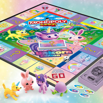 colorful unicorn-world gameboard featuring rainbows, butterflies, shooting stars, cupcakes, and presents