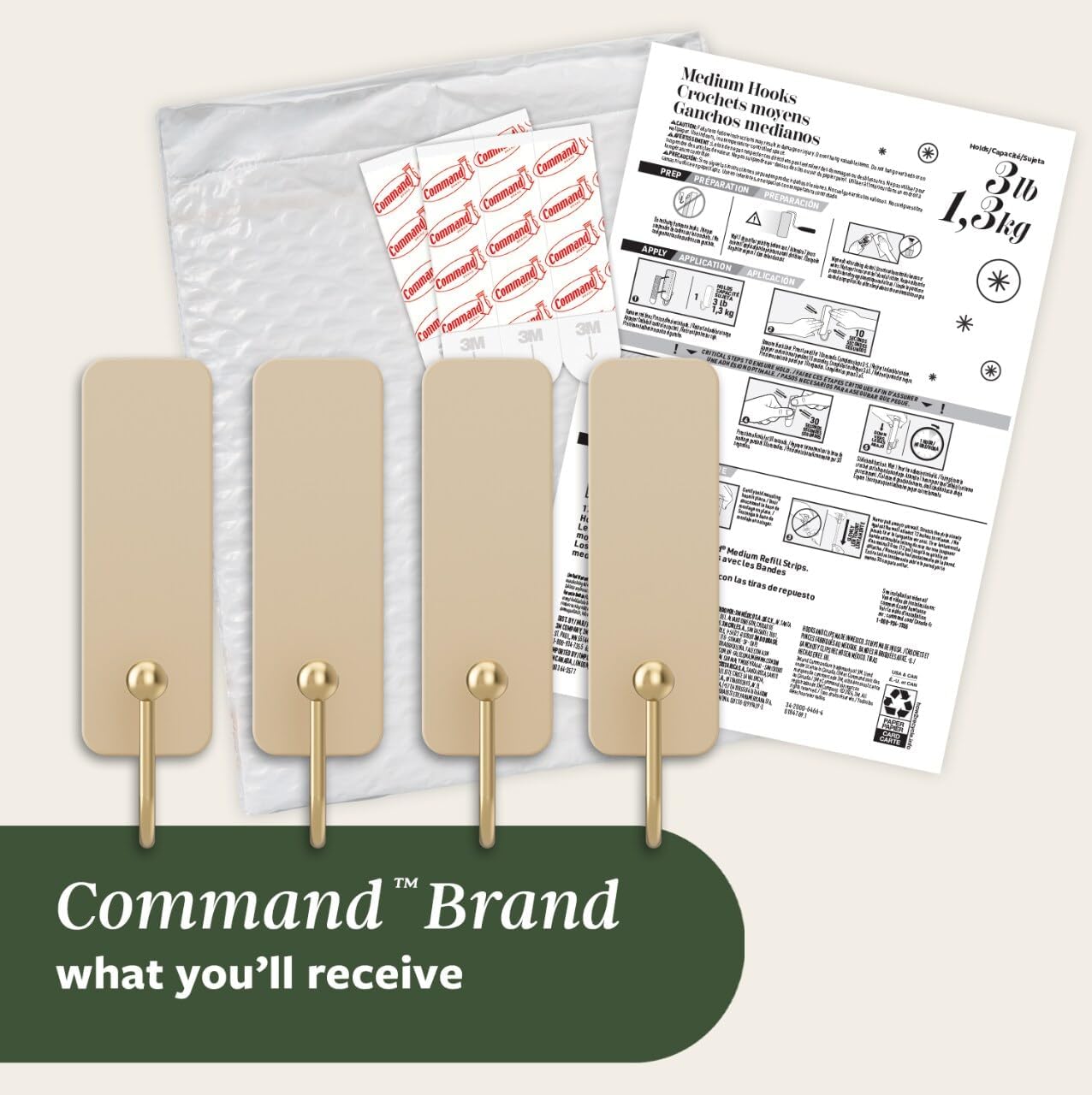 Command Medium Wire Hook Minimalist Wall Hooks for Clutter-Free Bedroom, Reusable Adhesive Hooks in Latte
