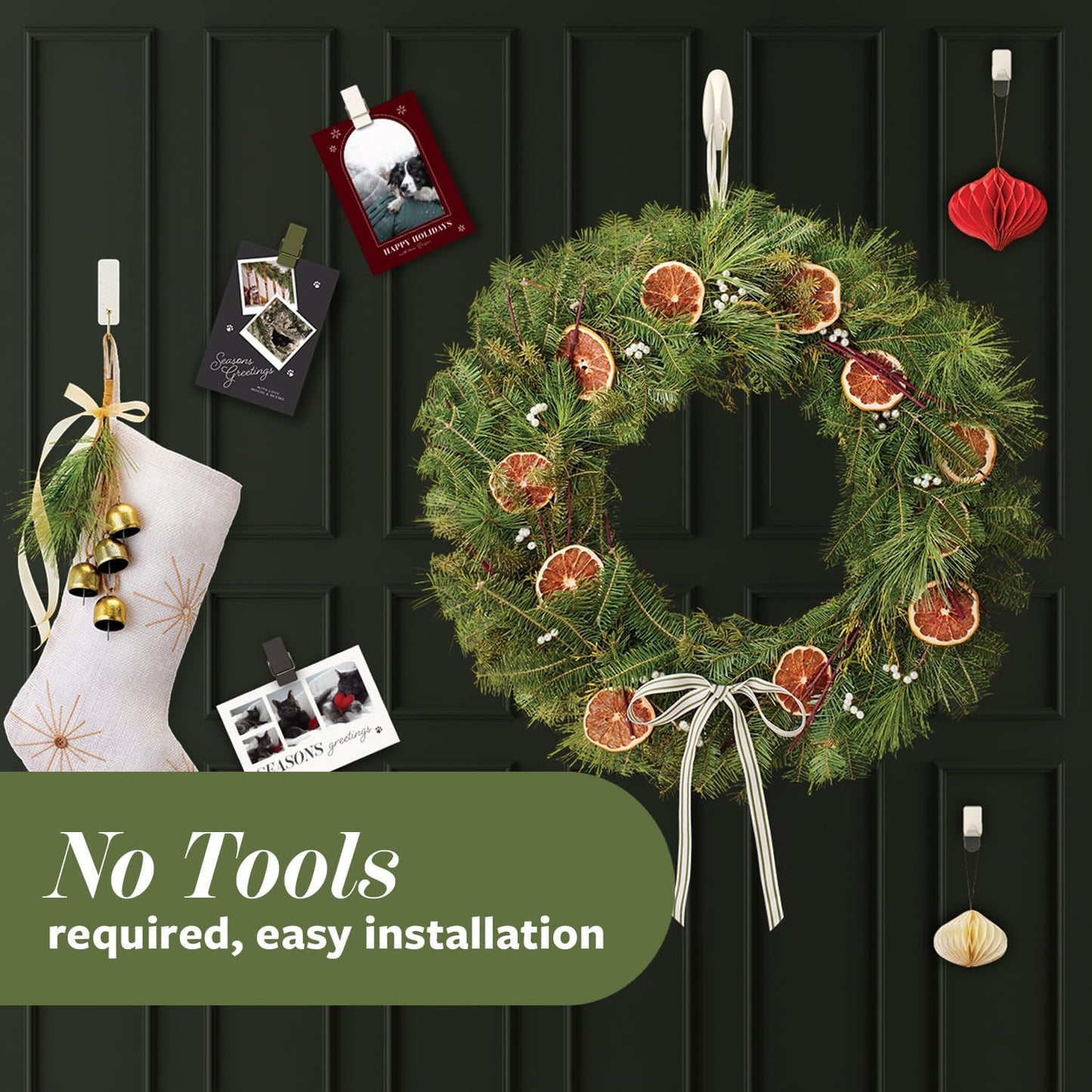 Command Minimalist Hook Pack in Sage, 10 Adhesive Hooks and Clips for Clutter Free Holiday Wall Styling